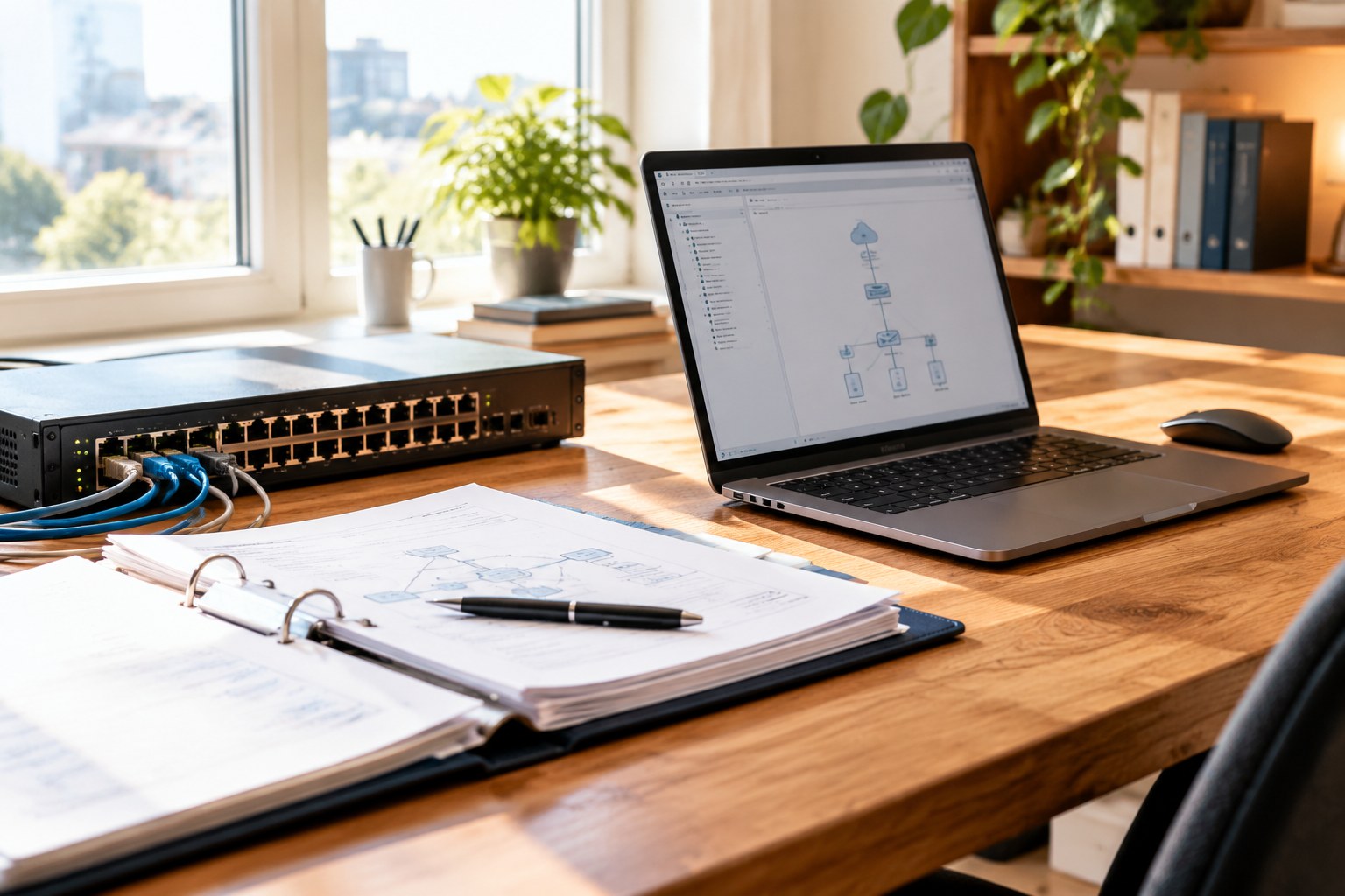 Independent IT consultancy workspace with laptop and network equipment by a window