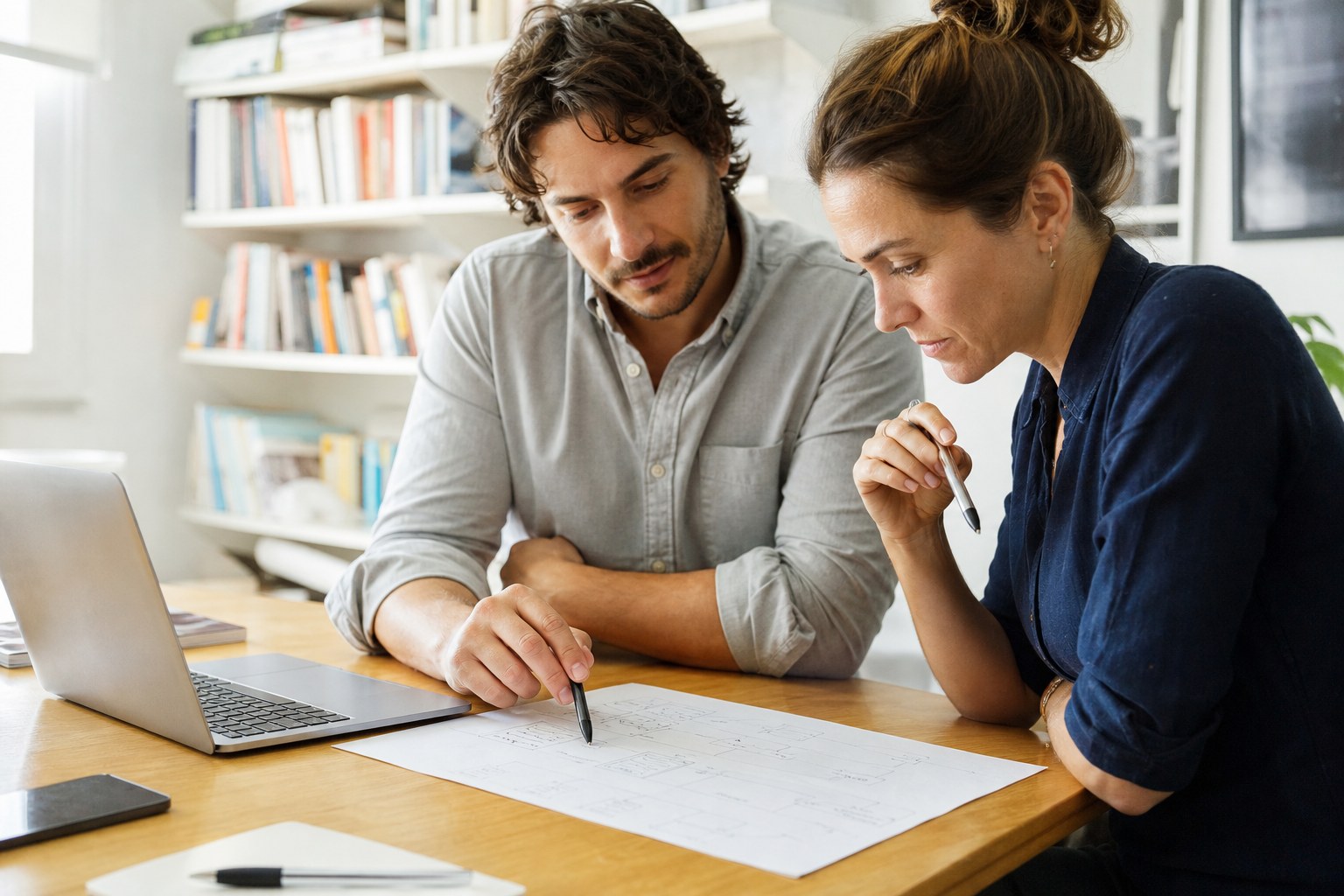Two consultants reviewing a technology roadmap beside a laptop