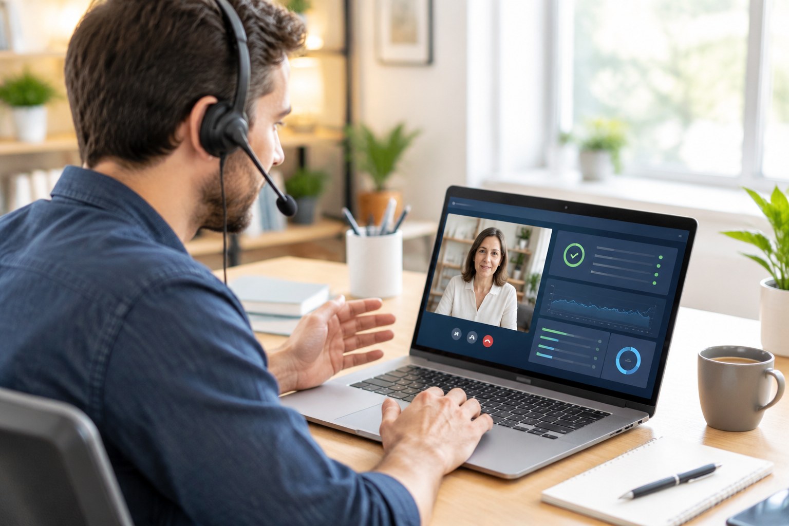 IT support specialist on a video call helping a small business client with a diagnostics session