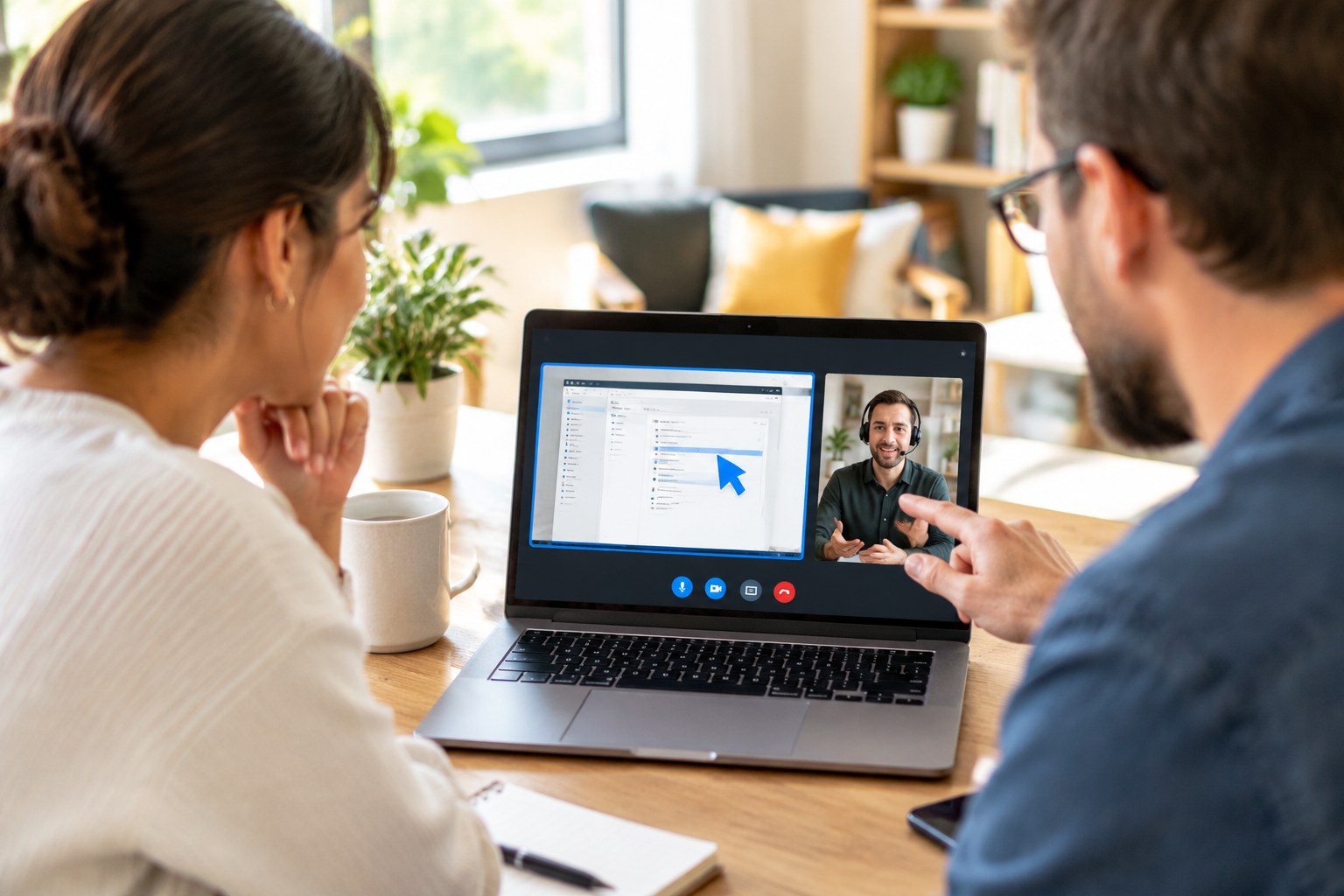 Client and consultant troubleshooting a laptop together on a video call