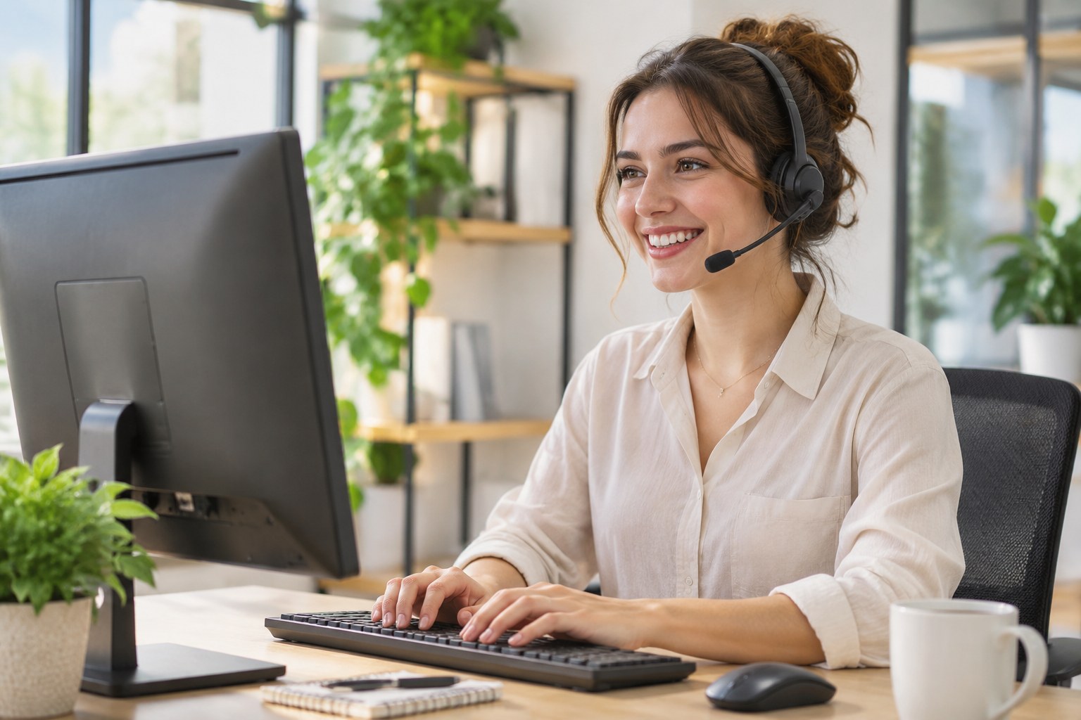 Support engineer working at a tidy single-monitor workstation