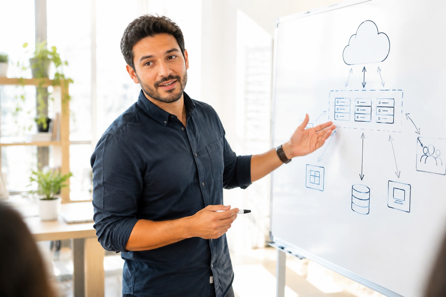 Cloud consultant explaining an architecture sketch at a whiteboard