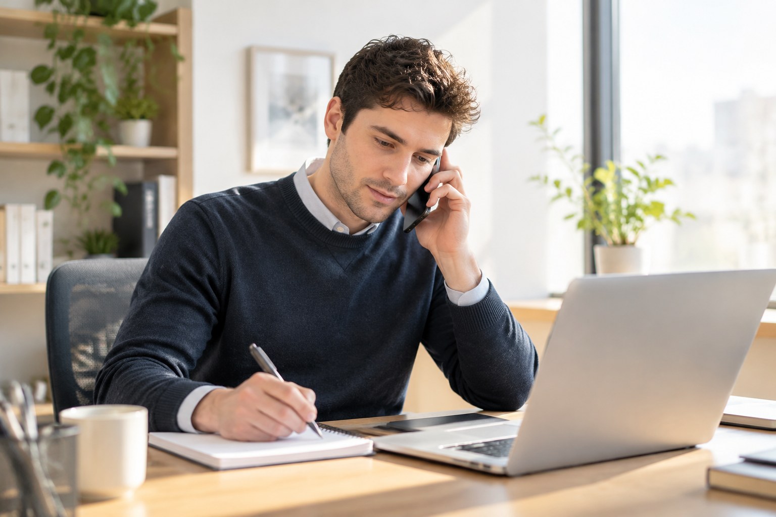 Technical account manager taking notes during a client call